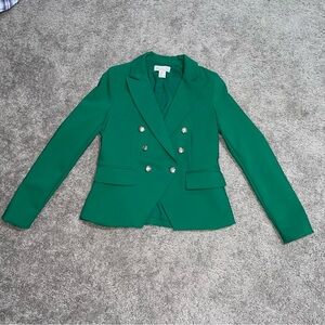 Rachel Zoe Green double breasted blazer silver crest buttons academia Ivy League